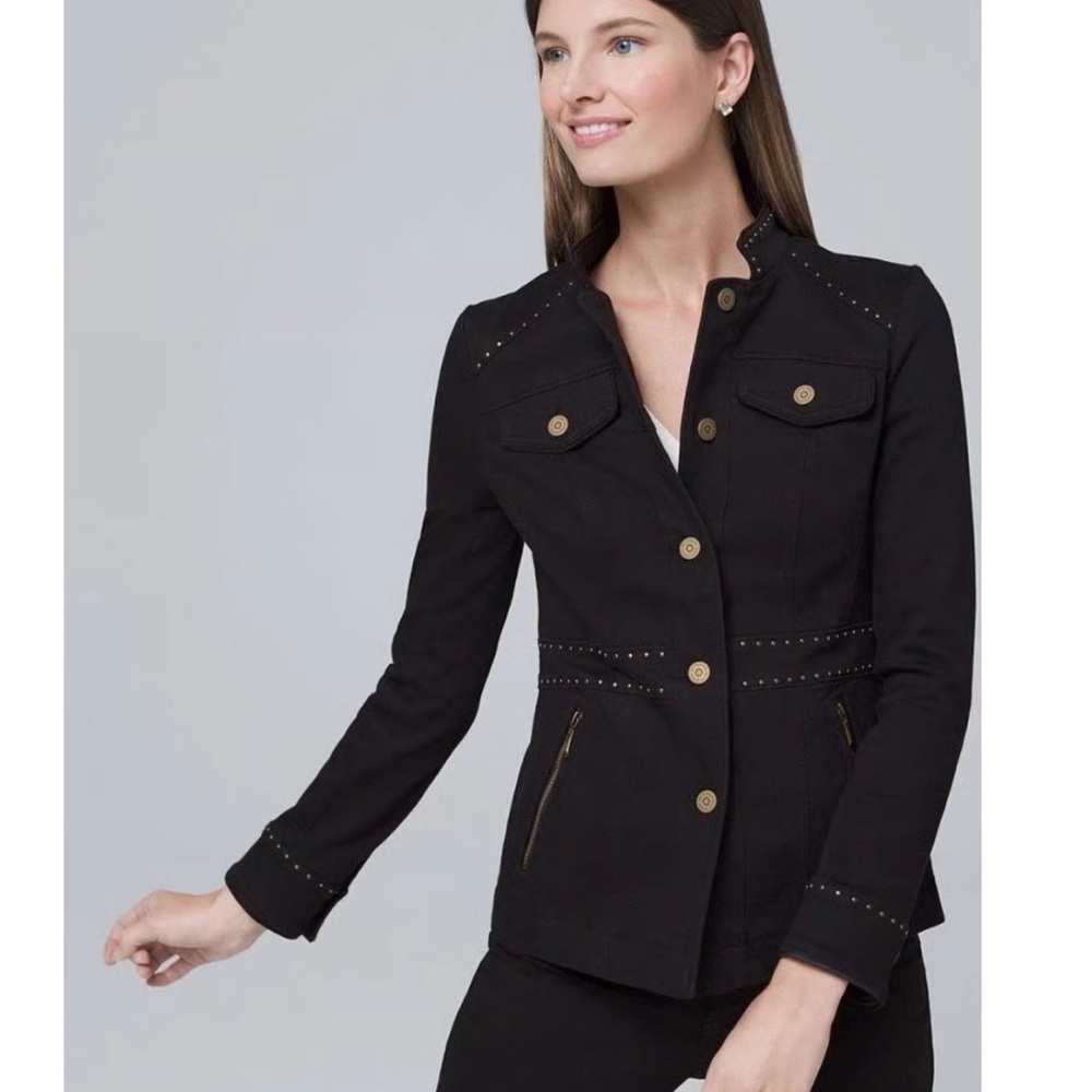 White House Black Market Black Denim Stud-Trim Utility Jacket - Picture 2 of 11